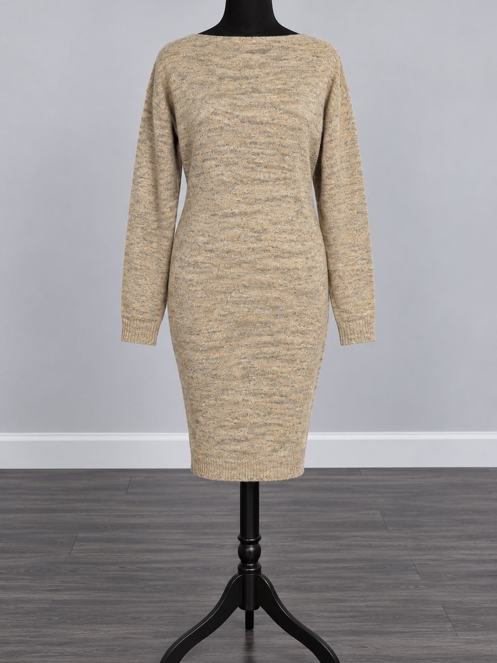 Knit Boatneck Sweater Dress in Beige With V-Back